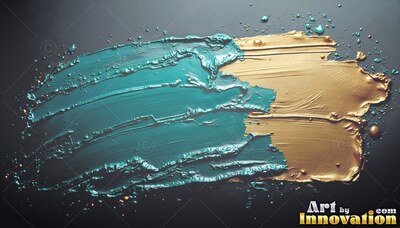 Teal paint mixed with gold brushed across a dark surface