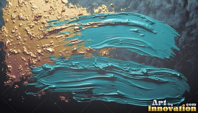 Thick bristle ridges mark two sweeps of teal paint over textured gold and dark slate