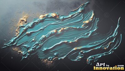 Thick teal paint stretches across a dark surface, dotted with metallic gold highlights