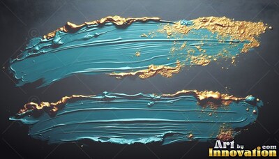 Stretching sideways on dark gray, two teal paint strokes edged with thick gold