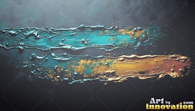 Thick strokes of gold and teal paint smeared across a dark textured wall