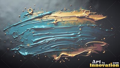 On a dark surface, thick teal and golden paint streaks spread across the center