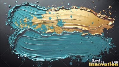 Sweeping across a black background, textured teal and gold paint streaks blend together