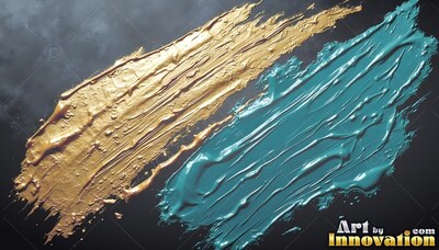 Gold and teal paint strokes on a black background