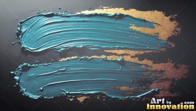 Thick bristle ridges mark two teal paint strokes across gold dust on a black surface