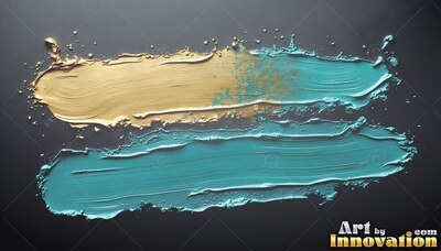 Gold and teal paint sweeps across black paper, showing textured brush marks and small splatters