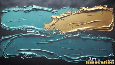 Brushed horizontally across black canvas, thick teal and gold paint streaks