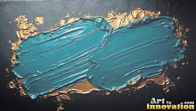 Thick teal paint smears over gold smears on a black surface