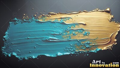 On a black background, a thick streak of wet teal paint mixed with gold spreads