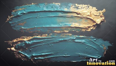 Sweeping across a dark background, two thick brushstrokes mix teal paint with gold