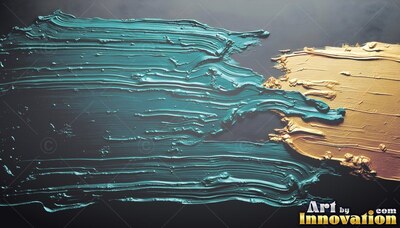 Heavy teal paint mixed with gold brushed across a dark background