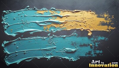 Thick ridges of teal and gold paint sweep across a dark surface