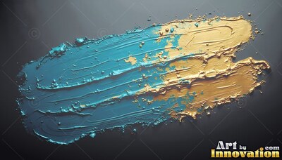 Thick blue and gold paint curves diagonally across a dark gray surface in soft light