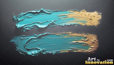 Lying horizontally on a dark surface, two teal and gold paint strokes sweep across