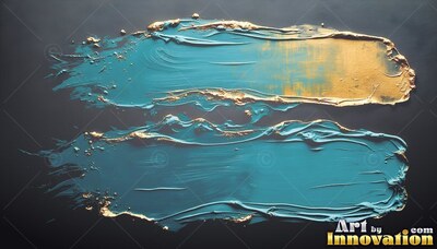 Two thick teal brushstrokes with gold edges spread across a black background