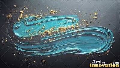 On a black surface, thick teal paint curves across with scattered gold powder