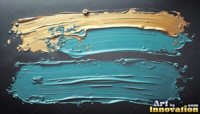 Sweeping across black, thick brushstrokes of gold and teal paint show wet ridges