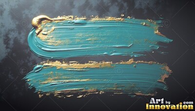 Two teal paint strokes with gold edges on black