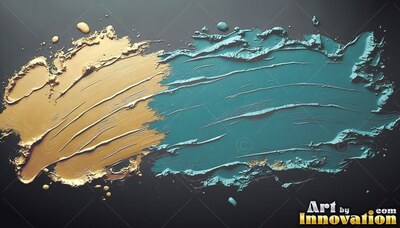 Thick ridges mark a stroke of gold and teal paint against dark gray background