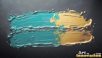 A rich teal paint stroke runs across black, turning to metallic gold on the right