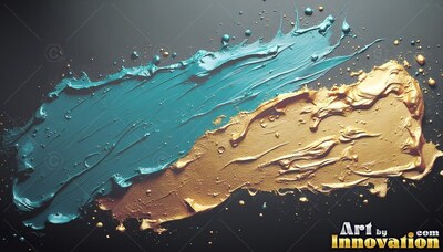 Sweeping diagonally on a black surface, thick gold and teal paint strokes overlap
