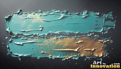 Thick gold and teal paint smeared horizontally on top of dark gray surface