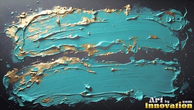 On a black surface, two heavy teal paint strokes are flecked with gold foil