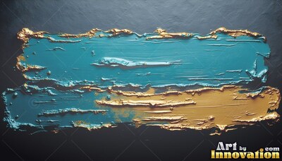 Stretching horizontally, thick gold and teal paint covers a dark surface