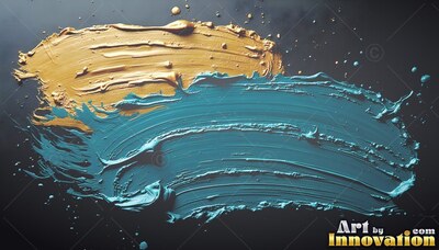 Thick smears of gold and teal paint on black