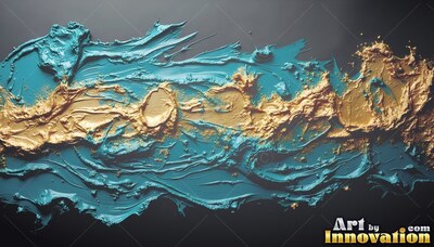 Ridged brush marks blend teal paint with rough gold paste across a dark surface