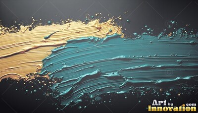 Wet teal and gold paint curves across a deep gray background, reflecting cool light on thick ridges
