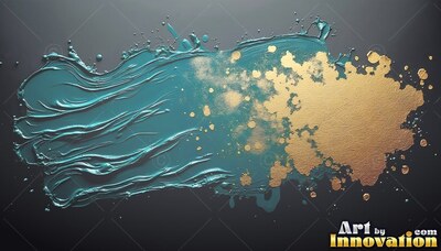 Sweeping horizontally across a dark surface, thick teal and gold paint