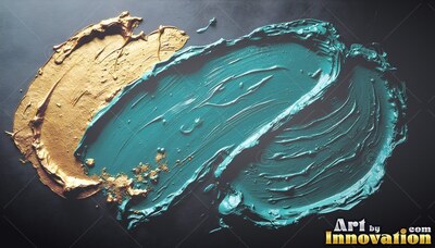 Thick smears of wet teal paint mixed with gold curve across a black surface