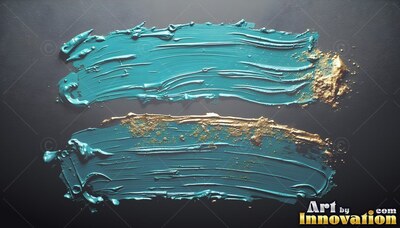 On a black background, two thick teal brush strokes rest with gold powder edges