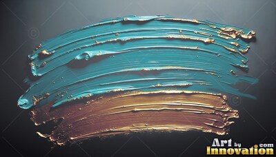 Curving across black, thick teal and gold paint strokes show heavy brush texture