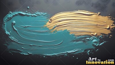 Teal and gold textured paint strokes over black