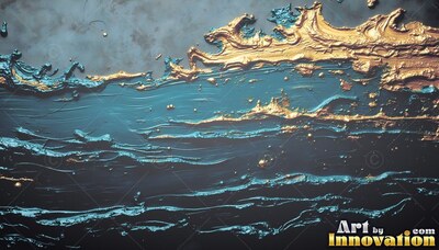 Thick ridges of teal and gold paint sweep across a dark textured surface