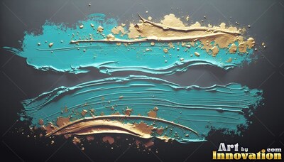 Teal and gold paint spreads across dark gray with thick bristle ridges