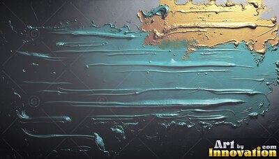 Spread horizontally across a dark surface, thick teal and gold paint