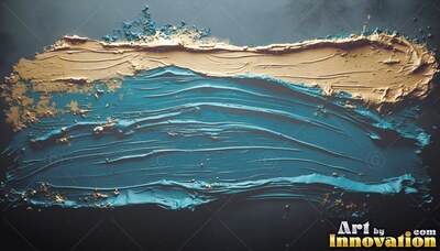 A thick swipe of wet teal and gold paint sits across a dark backdrop