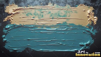 On a dark surface, thick beige and teal paint spreads in ridges