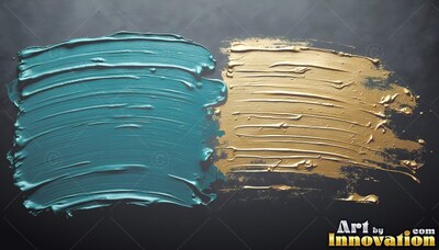 Sweeping across a dark surface, thick teal and gold paint strokes sit side by side