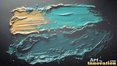 Teal and golden paint smeared across a black background