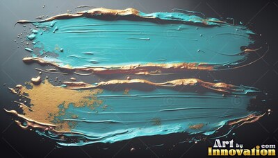 Thick teal brush strokes edged with gold paint spread over a dark gray surface