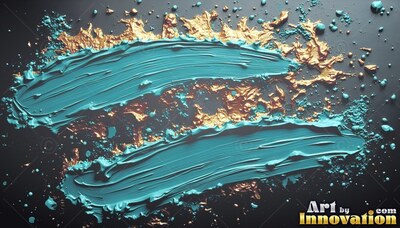 Teal paint curves across black slate with splatters of shiny gold powder