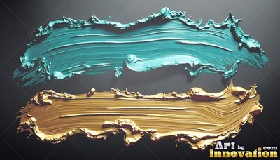 Swept horizontally across a dark wall, thick strokes of wet teal and gold paint