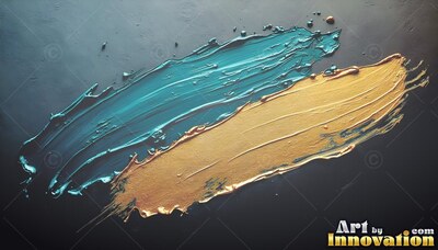 Thick teal and gold brush strokes swept over dark gray surface