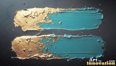 On a black background, two thick paint strokes blend textured gold and teal