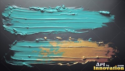 Sweeping across dark gray, two thick paint strokes show teal and gold bristle marks
