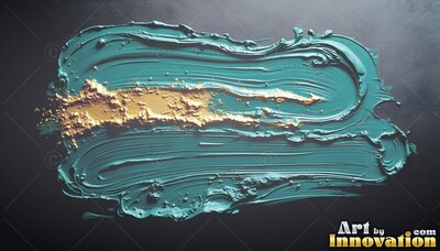 Stroke of teal paint with gold powder on dark surface